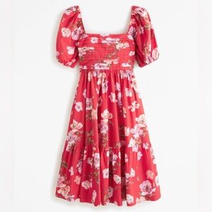 NWT Abercrombie Emerson Poplin Puff Sleeve Midi Dress Red Floral Small